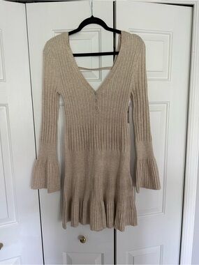 Anthropologie Beige Ribbed V-Neck Knit Dress